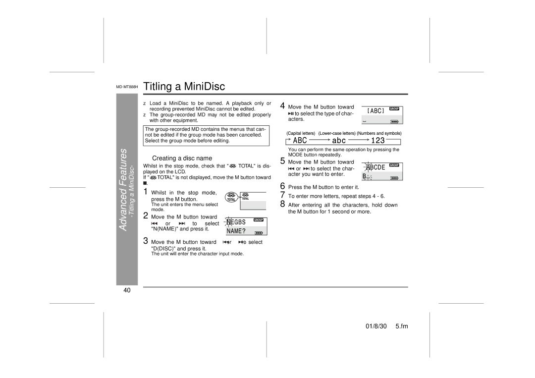 Sharp MD-MT888H operation manual Titling a MiniDisc, „ Creating a disc name, Whilst in the stop mode, press the M button 