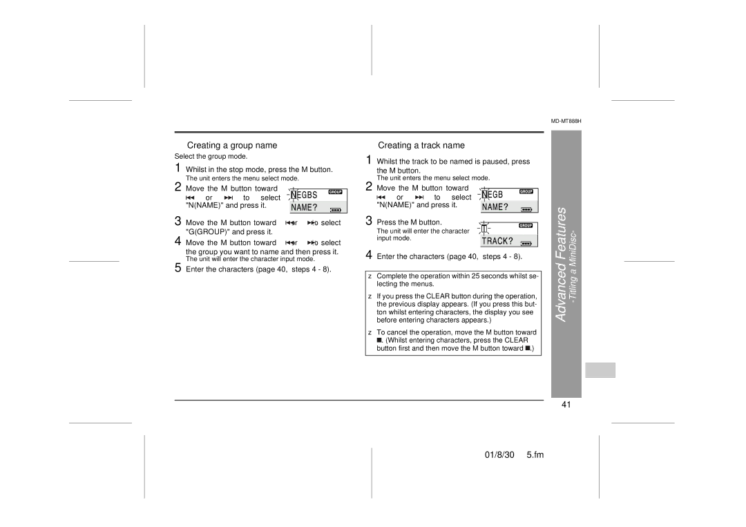 Sharp MD-MT888H operation manual „ Creating a group name, „ Creating a track name, Enter the characters page 40, steps 4 