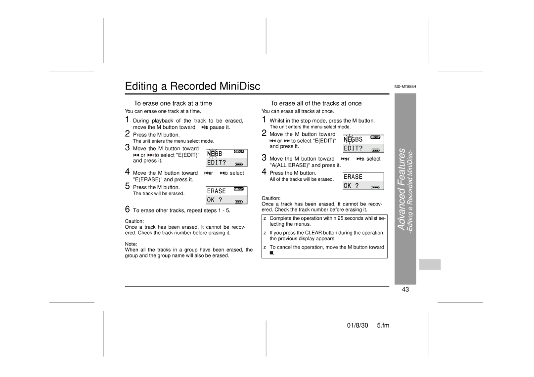 Sharp MD-MT888H Editing a Recorded MiniDisc, „ To erase one track at a time, „ To erase all of the tracks at once 