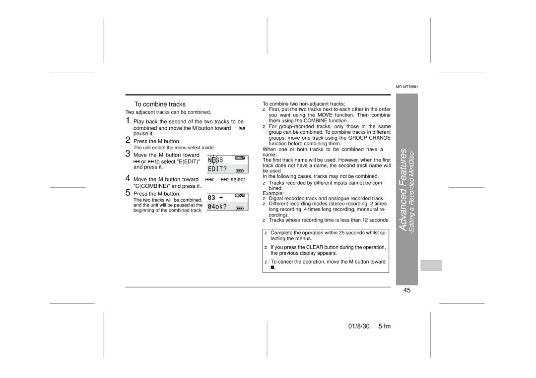 Sharp MD-MT888H „ To combine tracks, To combine two non-adjacent tracks, Following cases, tracks may not be combined 