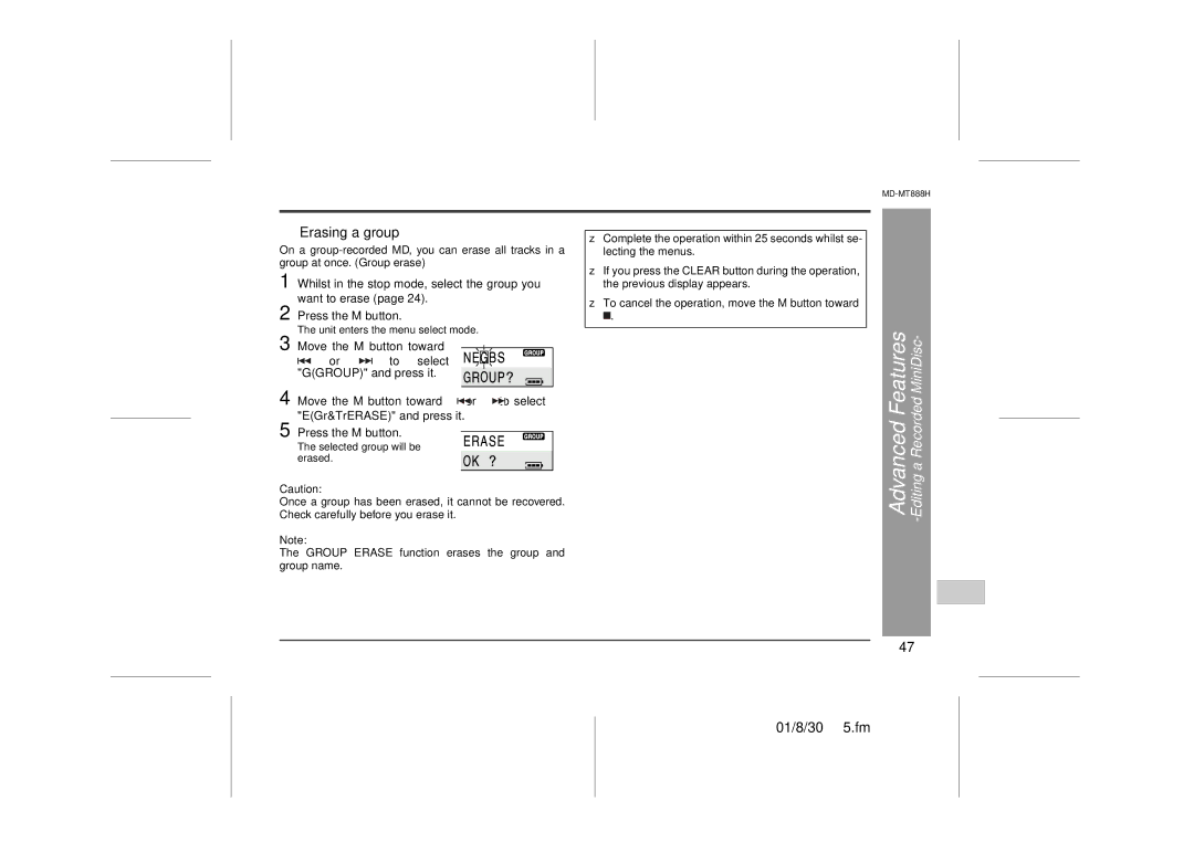 Sharp MD-MT888H operation manual Selected group will be erased 