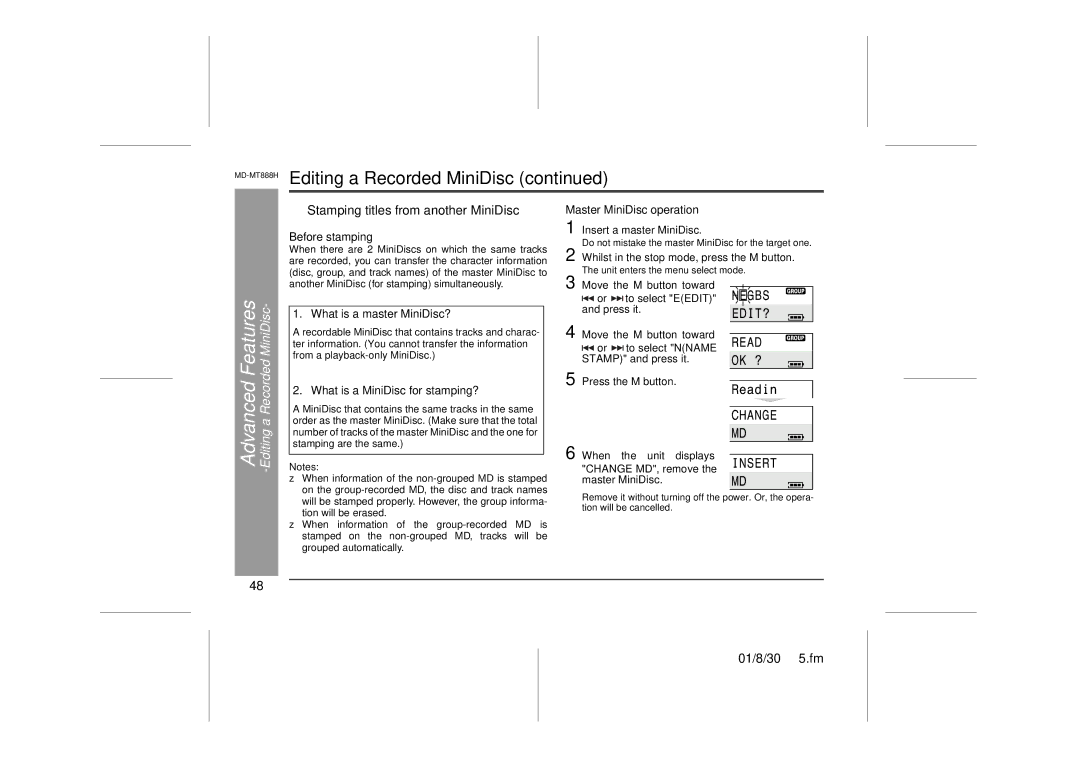 Sharp MD-MT888H operation manual „ Stamping titles from another MiniDisc, Before stamping, What is a master MiniDisc? 