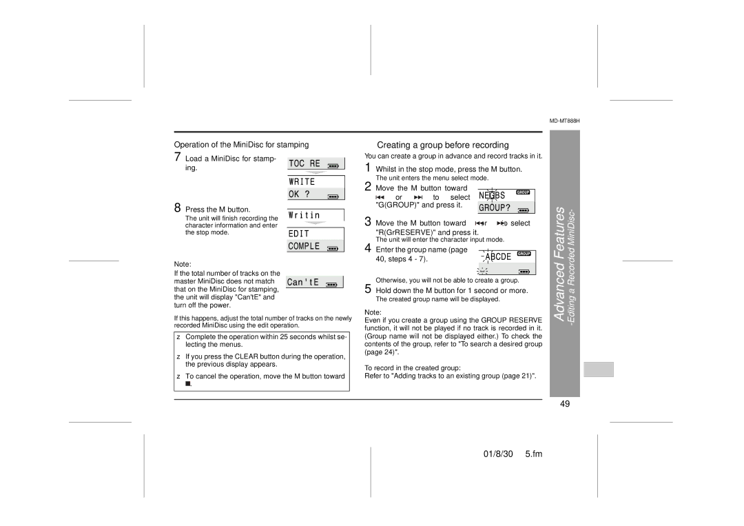 Sharp MD-MT888H operation manual „ Creating a group before recording, Operation of the MiniDisc for stamping 