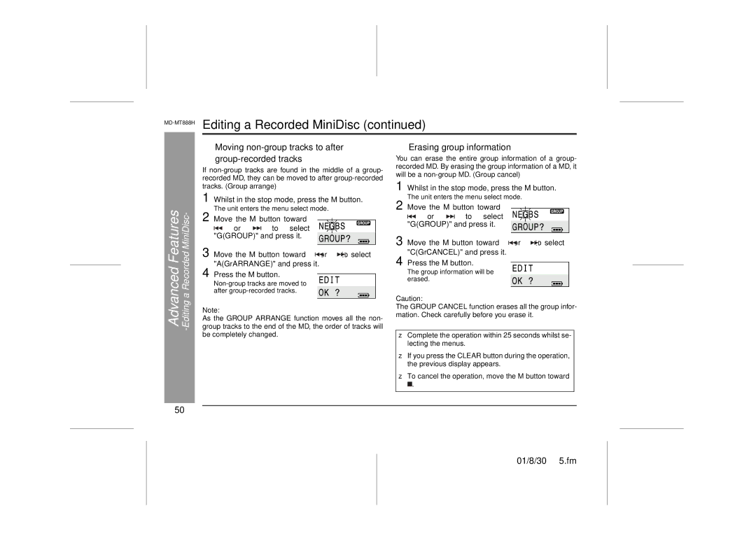 Sharp MD-MT888H operation manual „ Moving non-group tracks to after, „ Erasing group information 