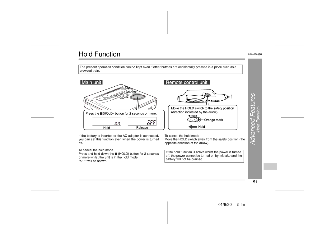 Sharp MD-MT888H operation manual Advanced Features -Hold Function, To cancel the hold mode 