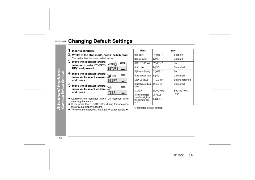 Sharp MD-MT888H operation manual Changing Default Settings, Menu 