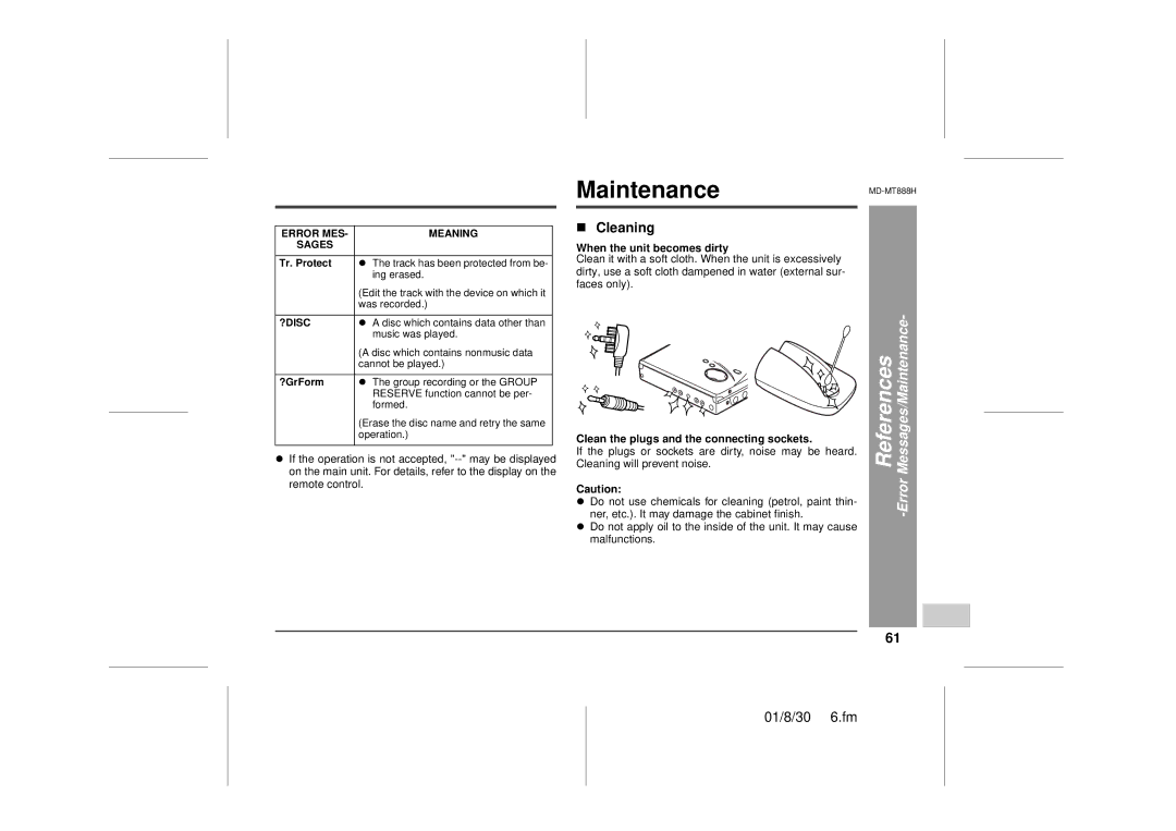 Sharp MaintenanceMD-MT888H, „ Cleaning, Error, When the unit becomes dirty, Clean the plugs and the connecting sockets 