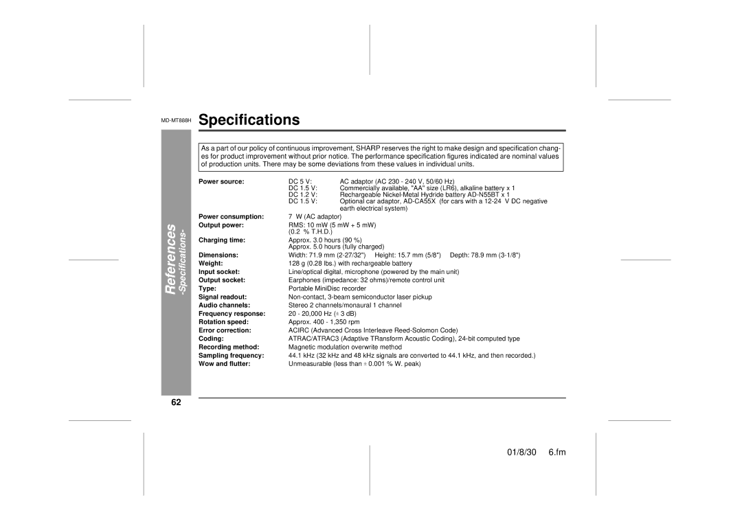 Sharp operation manual MD-MT888HSpecifications 