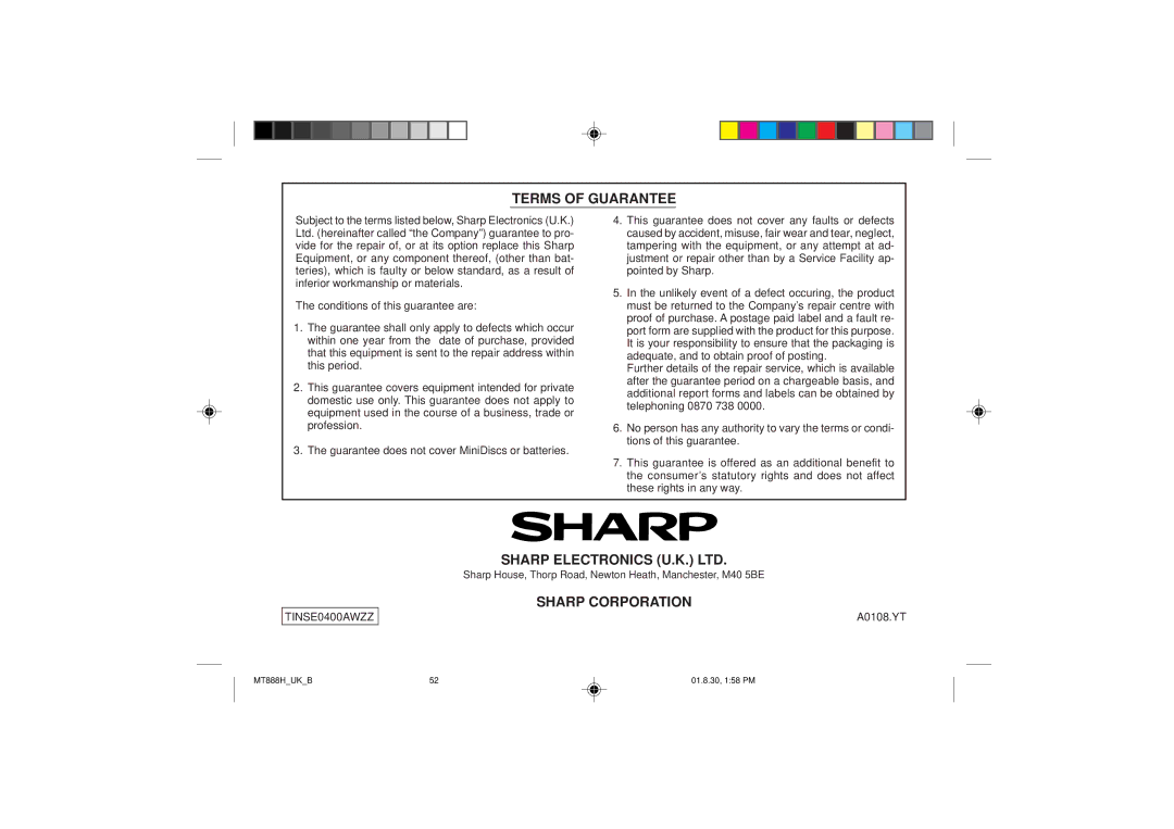 Sharp MD-MT888H operation manual Sharp Corporation 