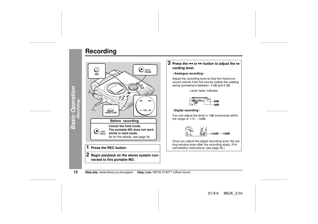 Sharp MD-MT88H operation manual Basic Operation -Recording, Analogue recording, Digital recording 