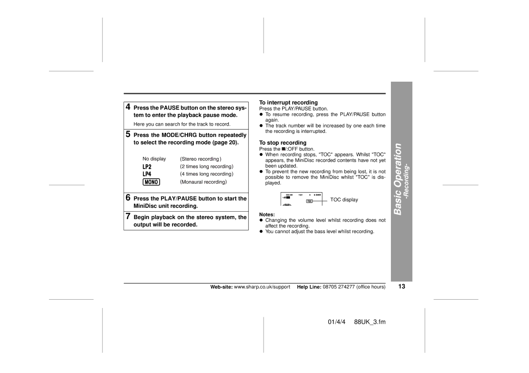 Sharp MD-MT88H operation manual To stop recording 