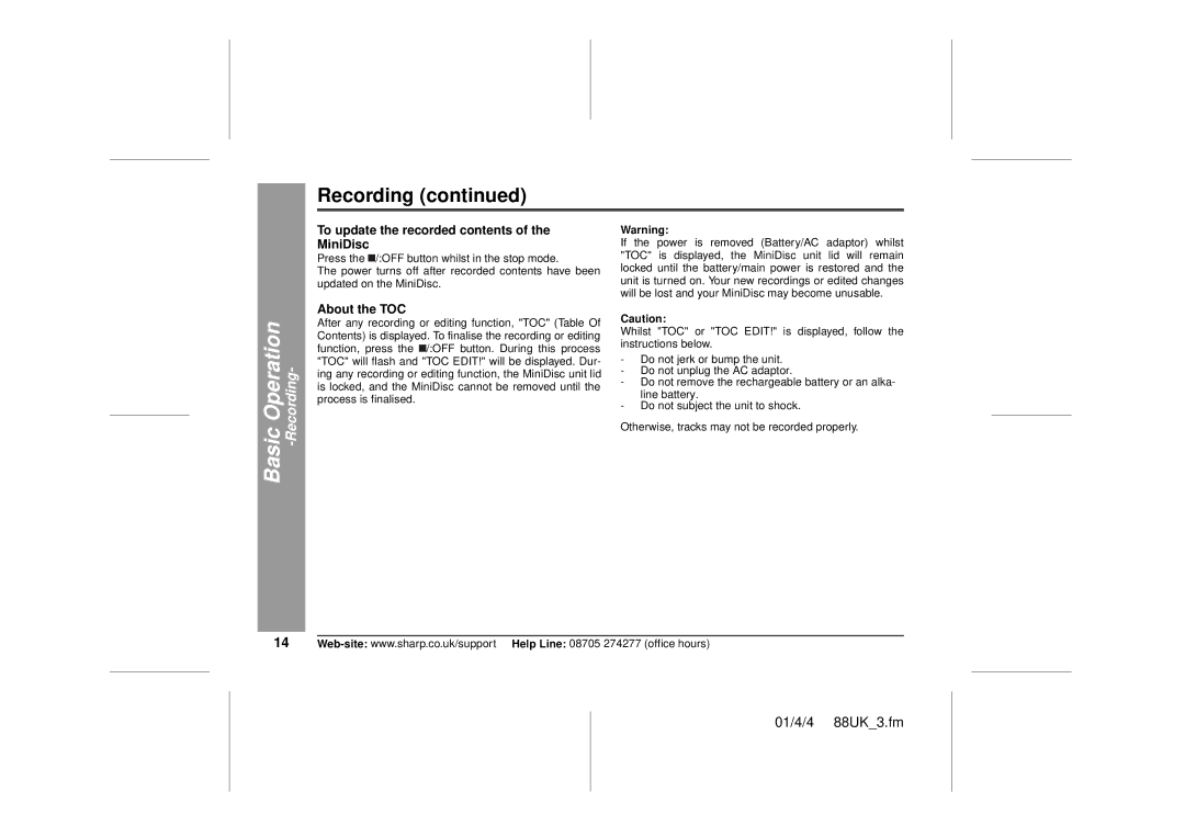 Sharp MD-MT88H operation manual To update the recorded contents of the MiniDisc, About the TOC 