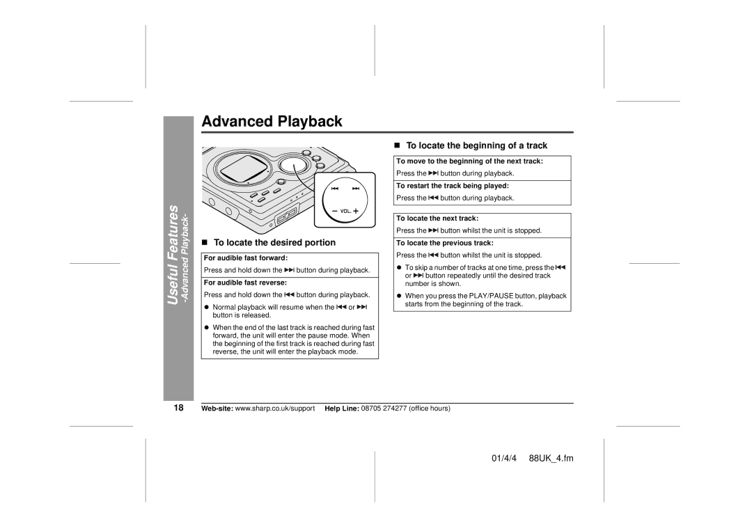 Sharp MD-MT88H operation manual Useful Features -Advanced Playback, „ To locate the desired portion 