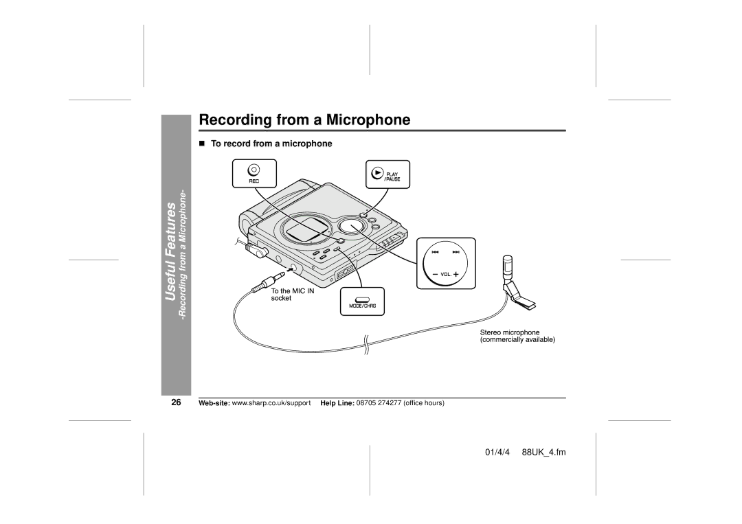 Sharp MD-MT88H operation manual „ To record from a microphone, Useful Features -Recording from a Microphone 