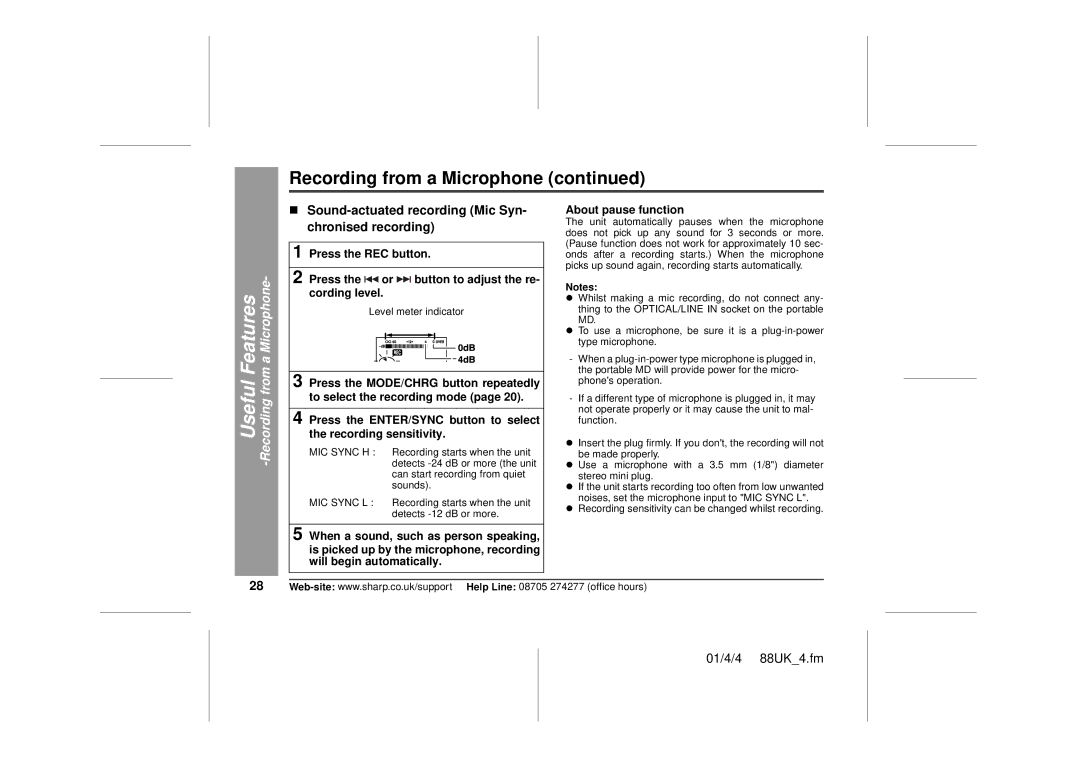 Sharp MD-MT88H operation manual Recording from a Microphone, „ Sound-actuated recording Mic Syn- chronised recording 