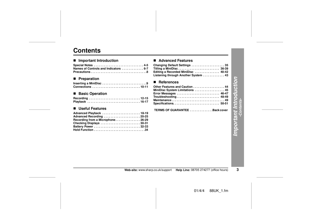 Sharp MD-MT88H operation manual Contents 