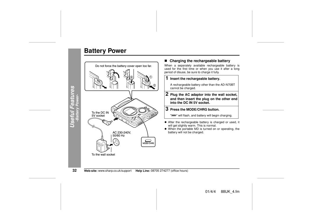 Sharp MD-MT88H Useful Features -Battery Power, „ Charging the rechargeable battery, Insert the rechargeable battery 