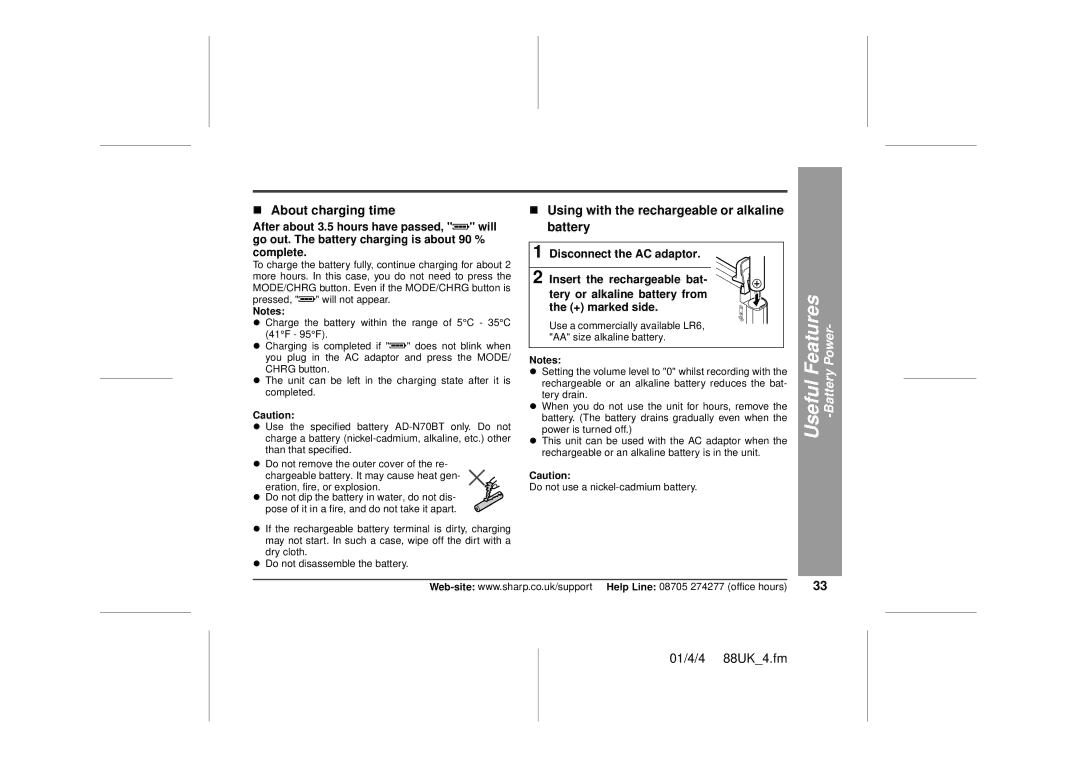 Sharp MD-MT88H operation manual „ About charging time, „ Using with the rechargeable or alkaline battery 