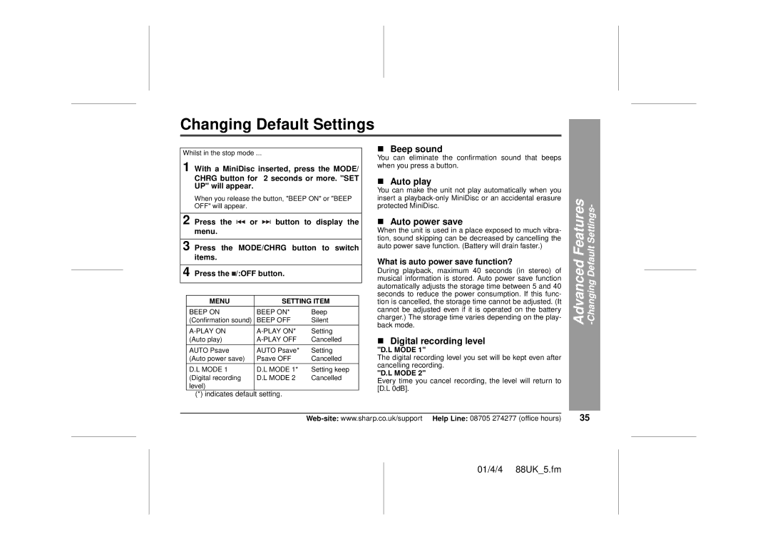 Sharp MD-MT88H operation manual Changing Default Settings 