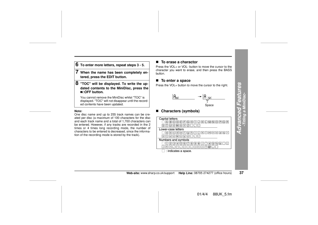 Sharp MD-MT88H operation manual „ To erase a charactor, „ To enter a space, „ Characters symbols 