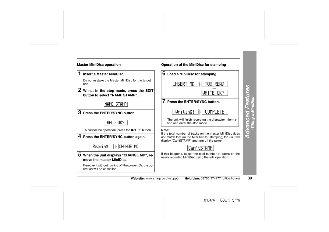 Sharp MD-MT88H operation manual Master MiniDisc operation Insert a Master MiniDisc 