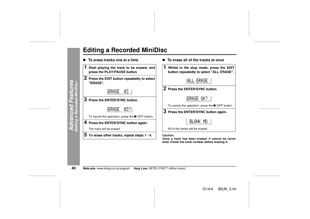 Sharp MD-MT88H Editing a Recorded MiniDisc, „ To erase tracks one at a time, „ To erase all of the tracks at once 