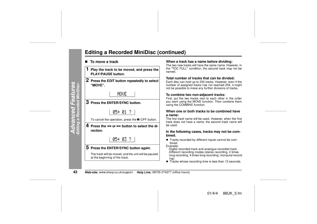 Sharp MD-MT88H operation manual „ To move a track 