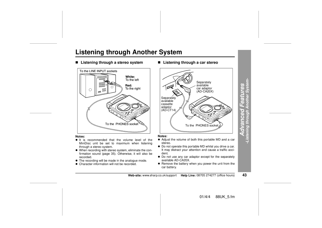 Sharp MD-MT88H Listening through Another System, „ Listening through a stereo system, „ Listening through a car stereo 