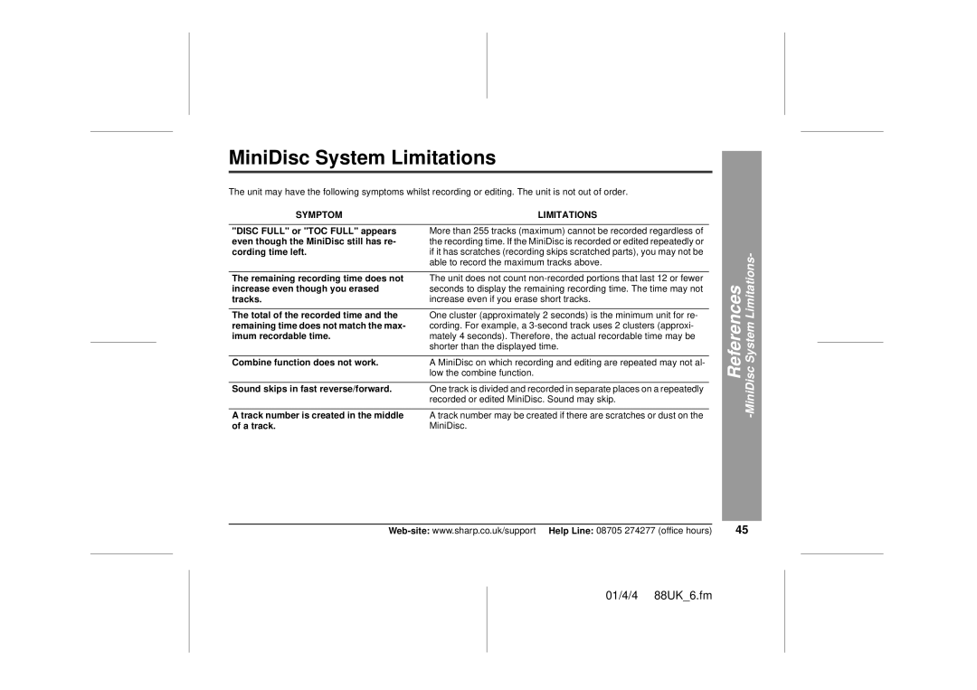 Sharp MD-MT88H operation manual MiniDisc System Limitations 