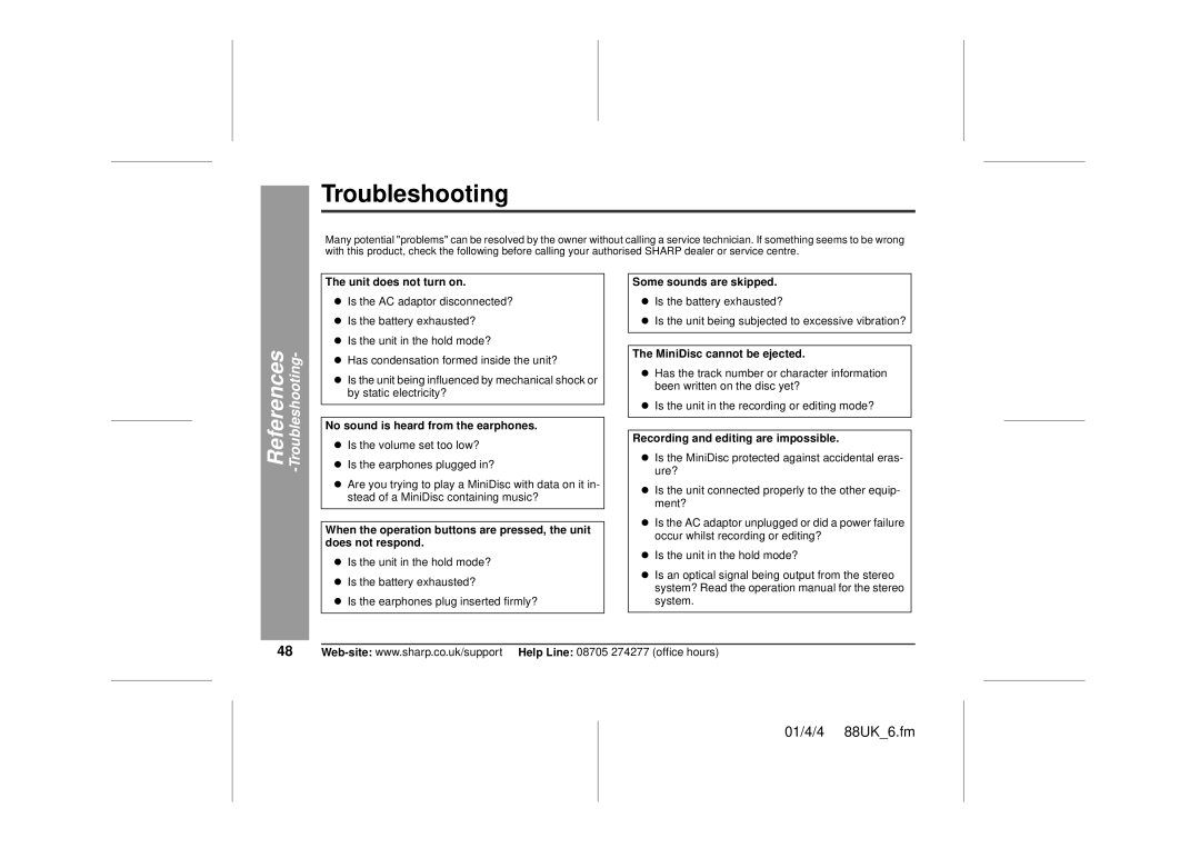 Sharp MD-MT88H operation manual Troubleshooting 