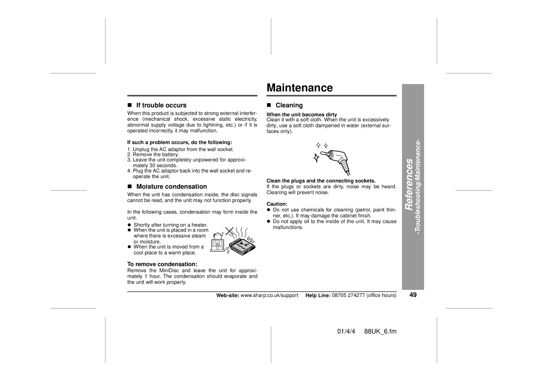 Sharp MD-MT88H operation manual „ If trouble occurs, „ Moisture condensation, „ Cleaning, Troubleshooting/Maintenance 