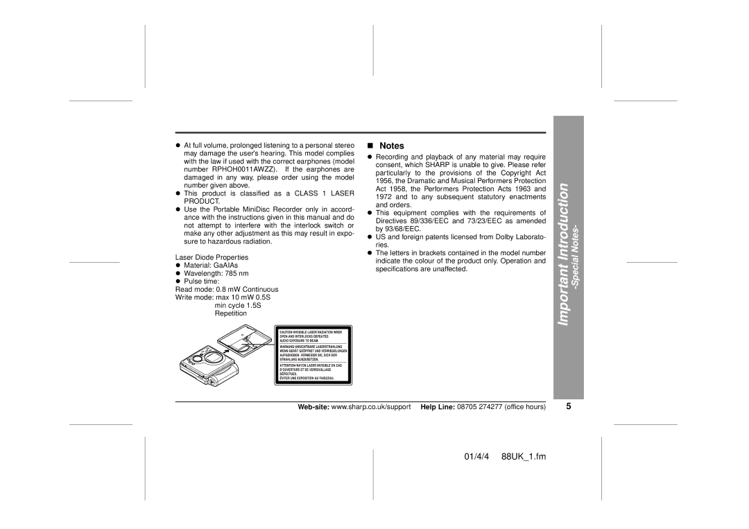 Sharp MD-MT88H operation manual „ Notes 