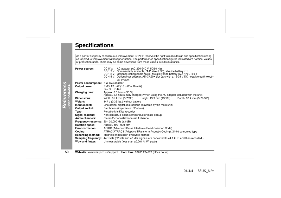 Sharp MD-MT88H operation manual Specifications 