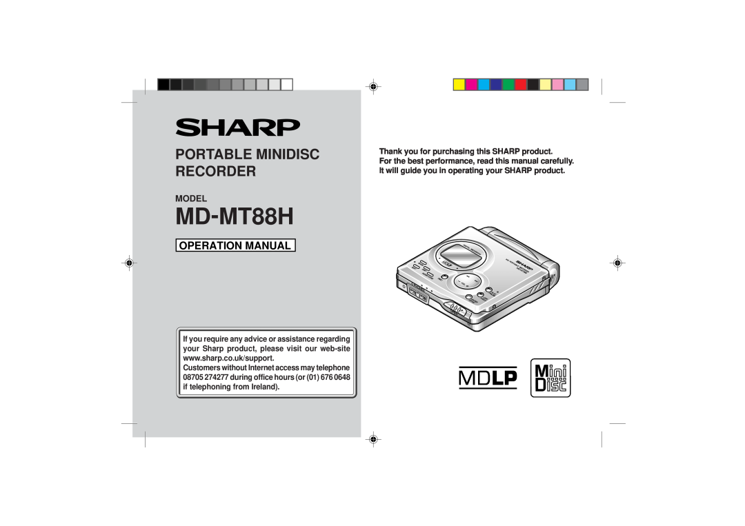 Sharp MD-MT88H operation manual Model, Portable Minidisc Recorder 