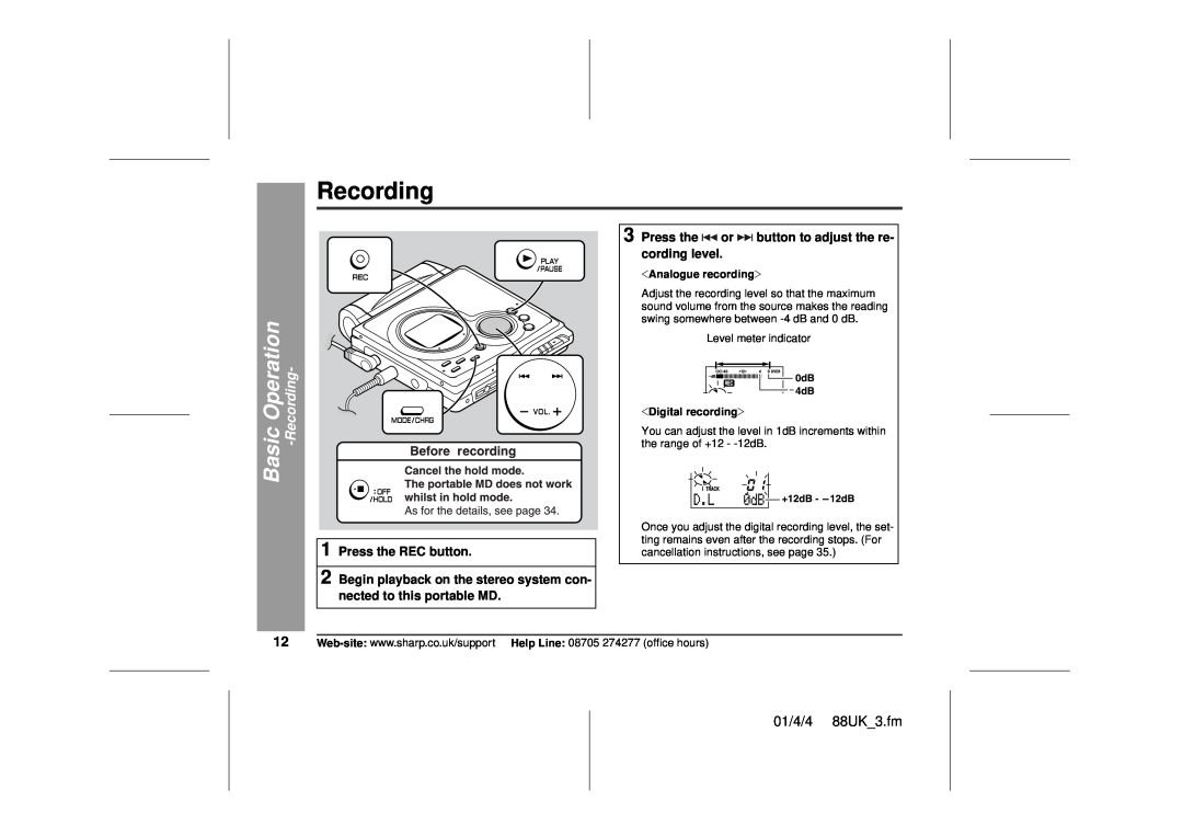 Sharp MD-MT88H operation manual Basic Operation -Recording, 01/4/4 88UK 3.fm 