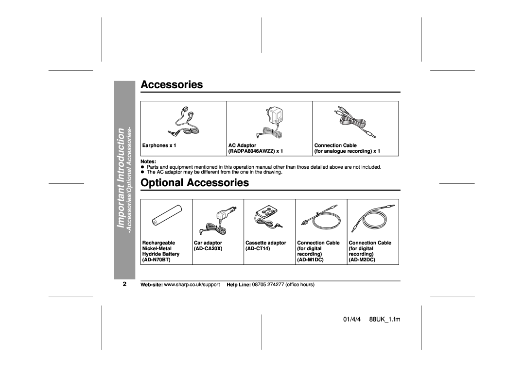 Sharp MD-MT88H operation manual Important Introduction, Accessories/Optional Accessories, 01/4/4 88UK 1.fm 