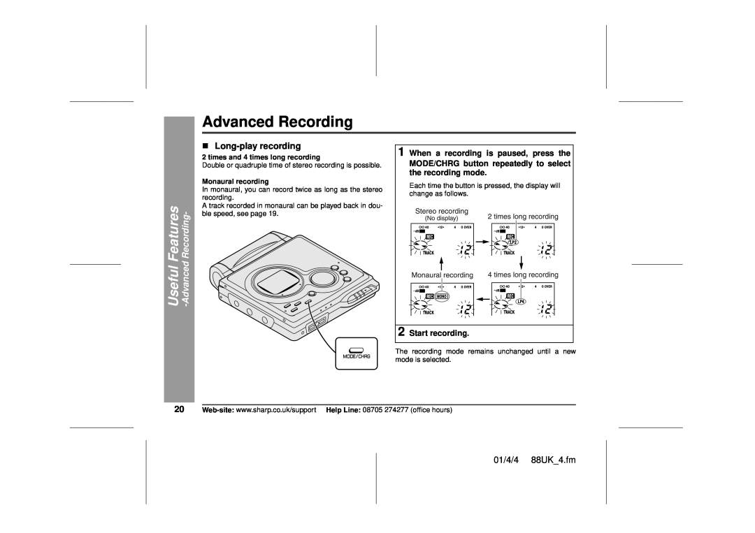 Sharp MD-MT88H Advanced Recording, Useful Features -AdvancedRecording, „Long-playrecording, 01/4/4 88UK 4.fm 