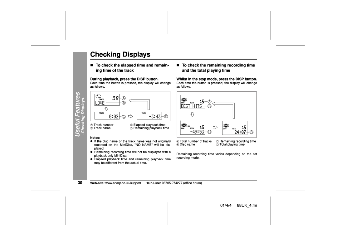 Sharp MD-MT88H operation manual Checking Displays, Useful Features -CheckingDisplays 