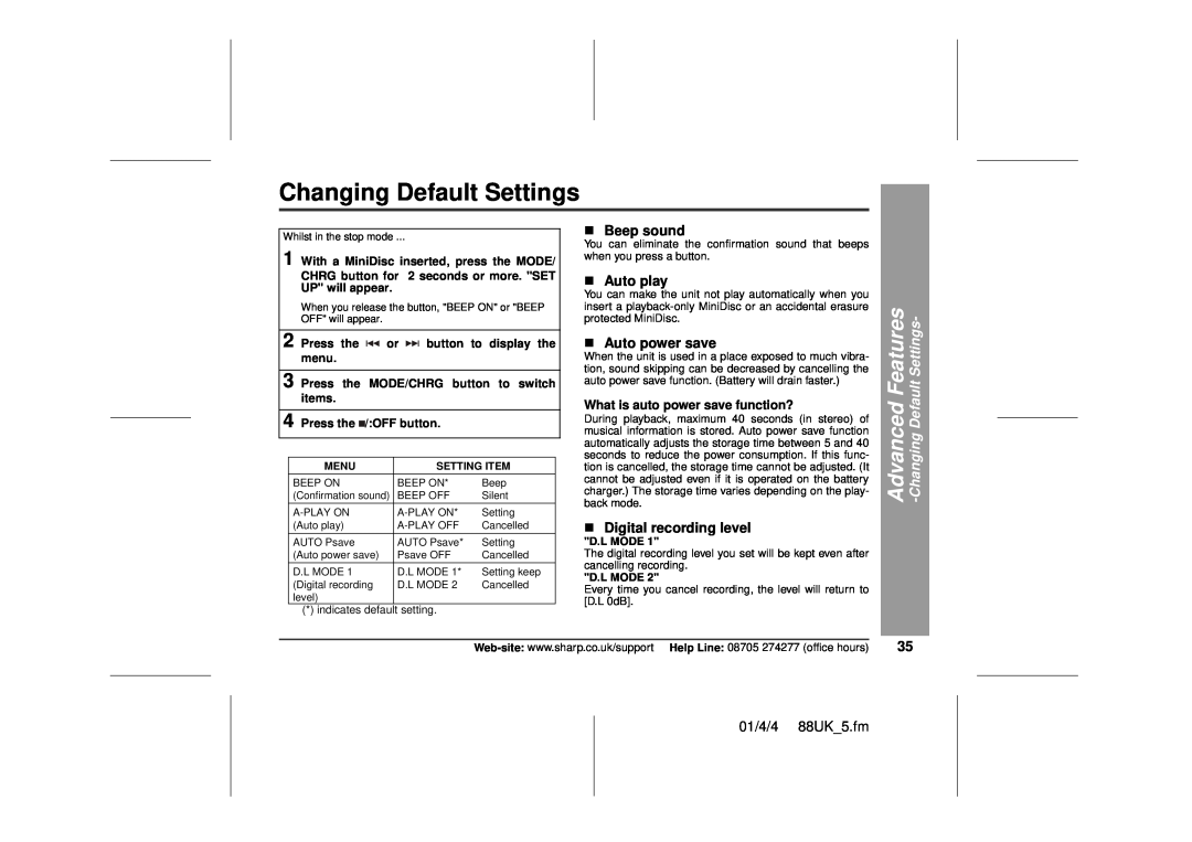 Sharp MD-MT88H Changing Default Settings, Advanced Features, „Beep sound, „Auto play, „Auto power save, 01/4/4 88UK 5.fm 