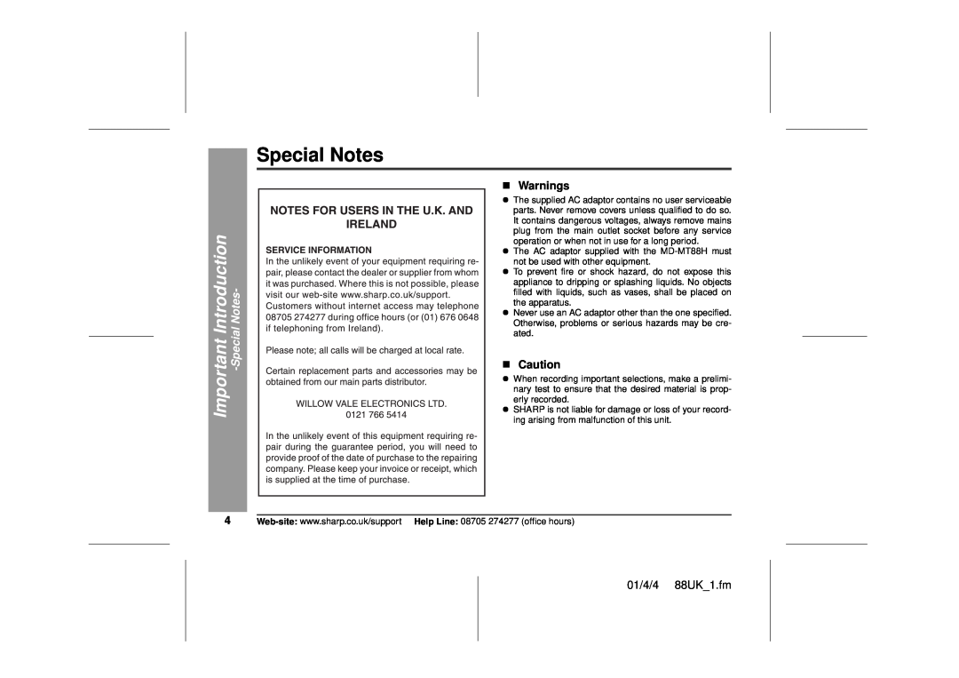 Sharp MD-MT88H operation manual Special Notes, SpecialNotes, „Warnings, „Caution, Important Introduction, 01/4/4 88UK 1.fm 