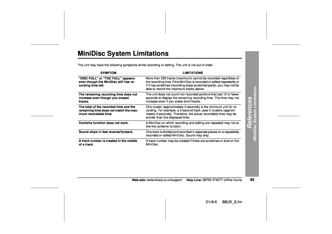 Sharp MD-MT88H operation manual MiniDisc System Limitations, References, MiniDiscSystem Limitations, 01/4/4 88UK 6.fm 