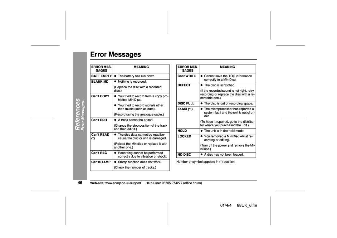 Sharp MD-MT88H operation manual Error Messages, 01/4/4 88UK 6.fm 