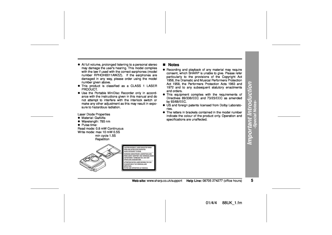 Sharp MD-MT88H operation manual „Notes, Important Introduction, SpecialNotes, 01/4/4 88UK 1.fm 