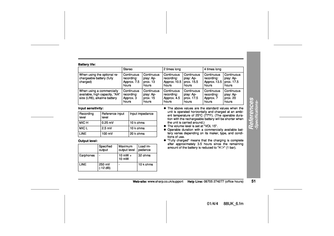 Sharp MD-MT88H operation manual 01/4/4 88UK 6.fm, Battery life, Input sensitivity 