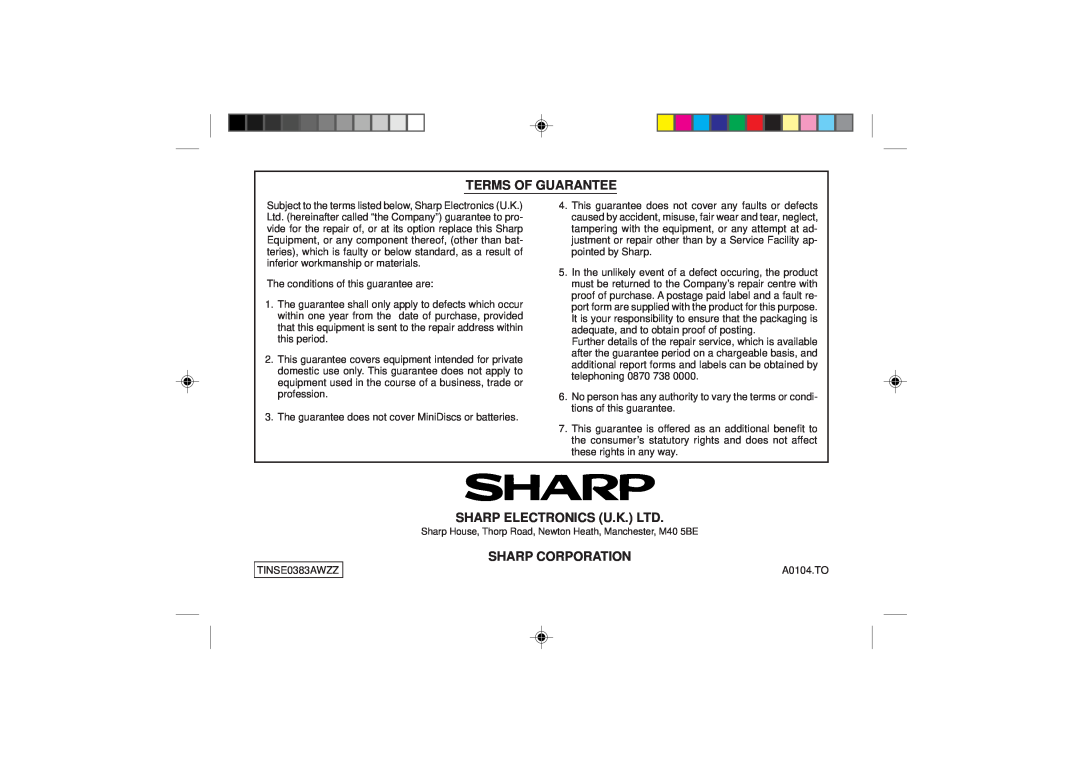 Sharp MD-MT88H operation manual Terms Of Guarantee, Sharp Corporation 