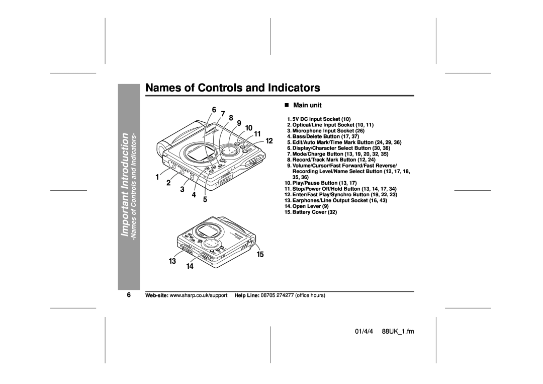 Sharp MD-MT88H operation manual Names of Controls and Indicators, „ Main unit, 01/4/4 88UK 1.fm 