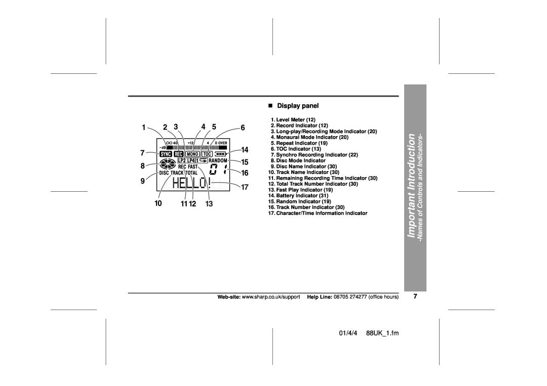 Sharp MD-MT88H operation manual „Display panel, 01/4/4 88UK 1.fm 