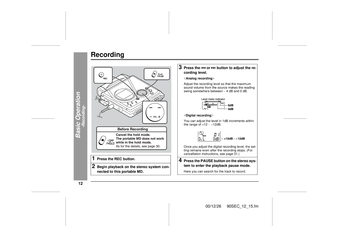 Sharp MD-MT90 operation manual Basic Operation -Recording, Analog recording, Digital recording 