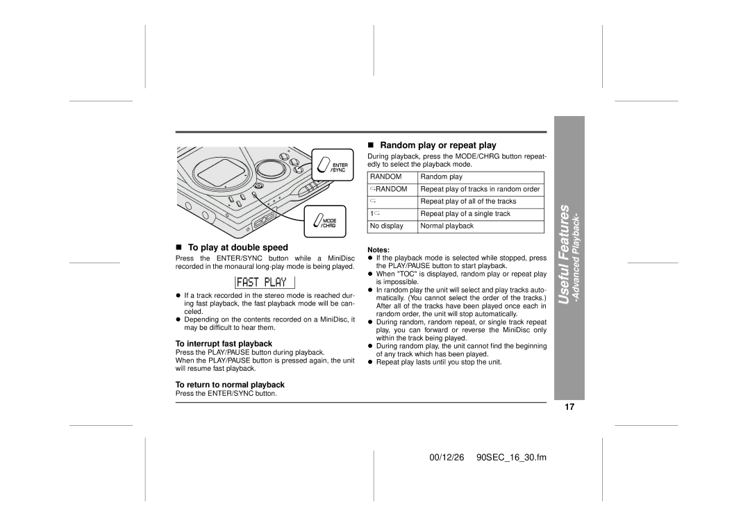 Sharp MD-MT90 operation manual „ To play at double speed, „ Random play or repeat play, To interrupt fast playback 