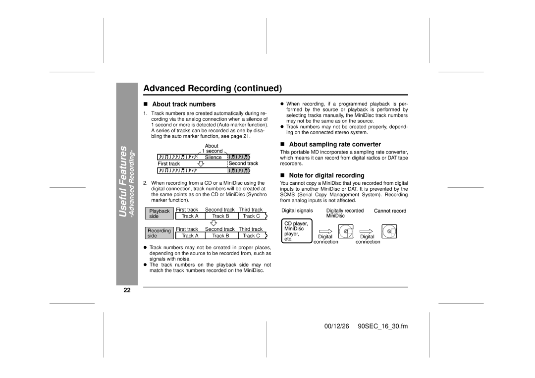 Sharp MD-MT90 operation manual „ About track numbers, Recording, „ About sampling rate converter, Useful -Advanced 